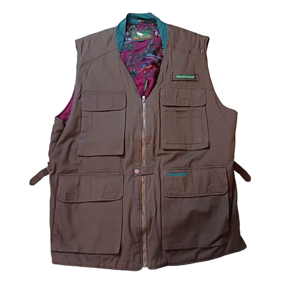 Vtg Field & Stream Canvs Fishing Vest Lined 2XL  Full Zip tons Of Pockets